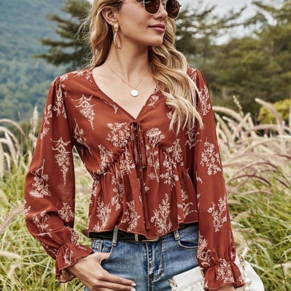 boho v neck front tie babydoll floral print top - Picture 3 of 4